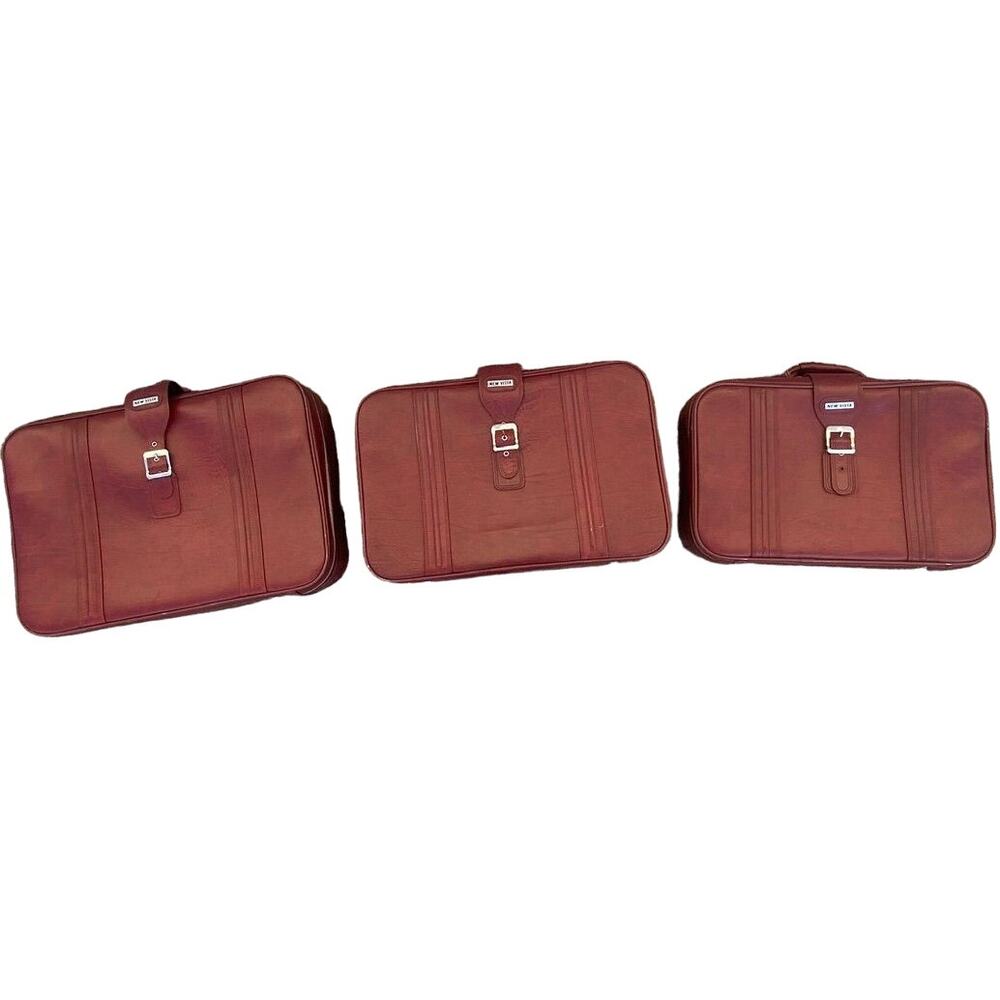 Set of 3 VTG New Vista Korean Travel Luggage Faux Leather Burgundy suitcases